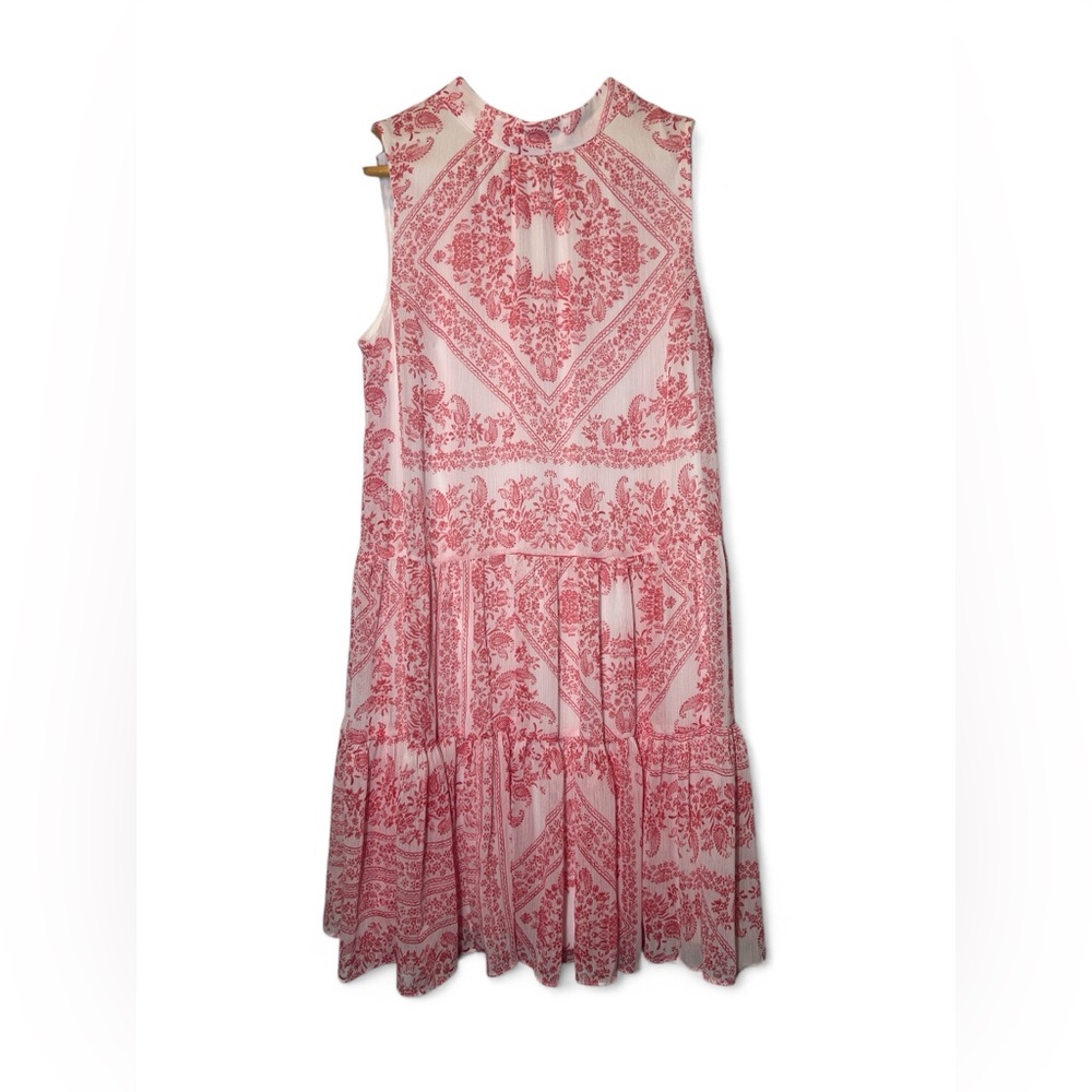 Calvin Klein Bandana Paisley Floral Lined Sheath Swing‎ Dress Tie Neck Pink 8